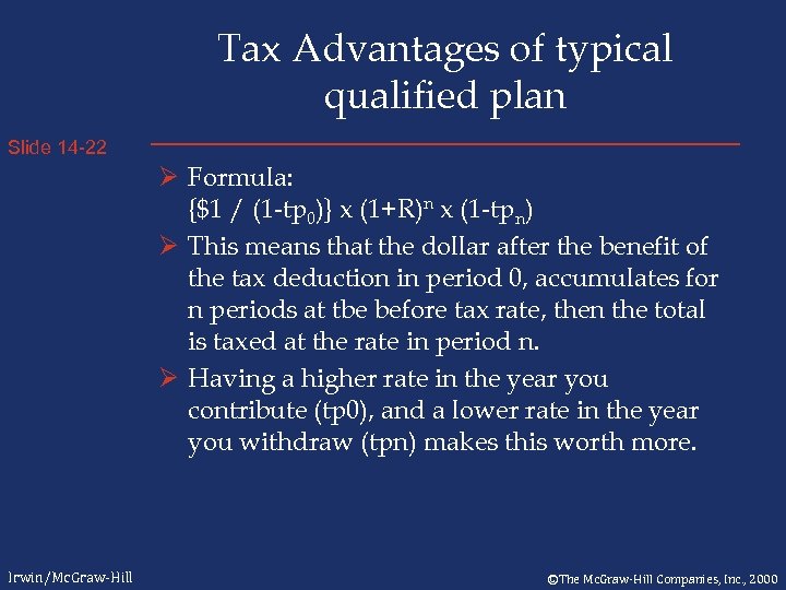 Tax Advantages of typical qualified plan Slide 14 -22 Ø Formula: {$1 / (1