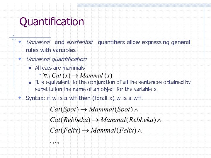 Quantification w Universal and existential quantifiers allow expressing general rules with variables w Universal