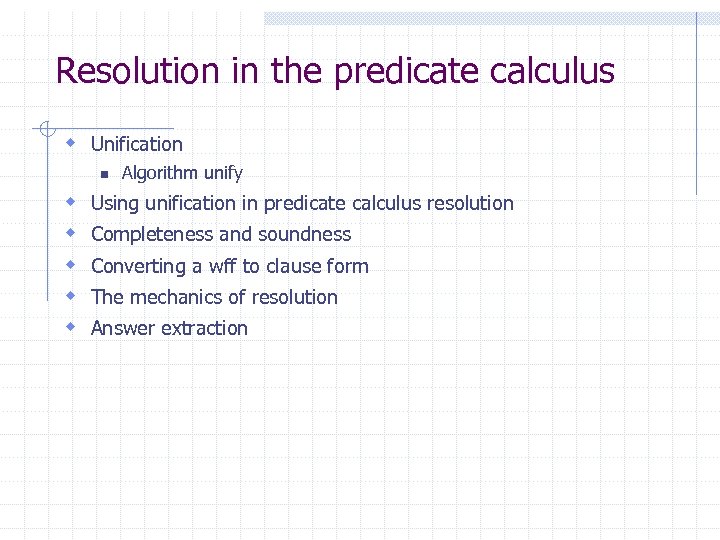 Resolution in the predicate calculus w Unification n w w w Algorithm unify Using