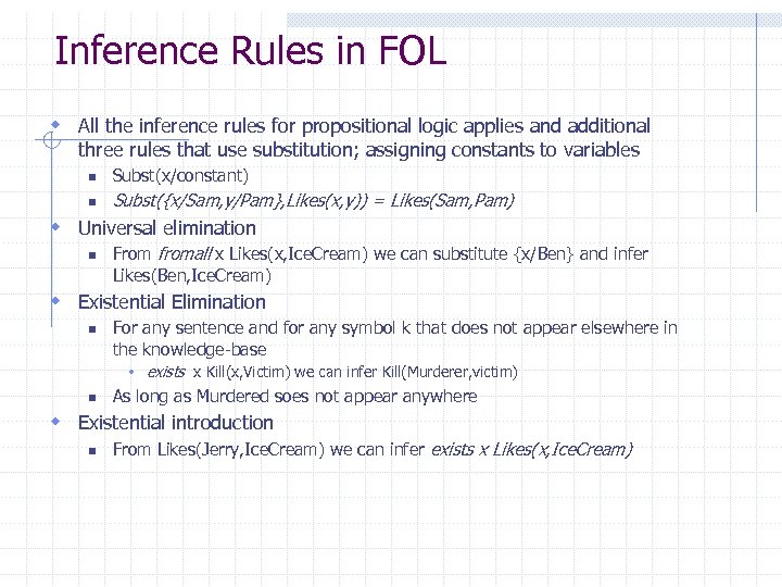 Inference Rules in FOL w All the inference rules for propositional logic applies and