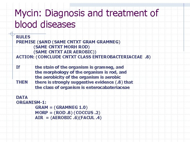 Mycin: Diagnosis and treatment of blood diseases RULES PREMISE ($AND (SAME CNTXT GRAMNEG) (SAME