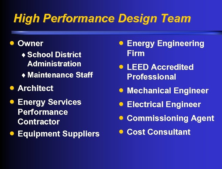 High Performance Design Team · Owner ¨ School District Administration ¨ Maintenance Staff ·