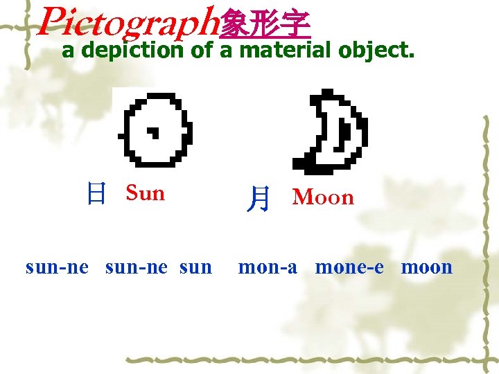 Pictograph象形字 a depiction of a material object. 日 Sun sun-ne sun 月 Moon mon-a
