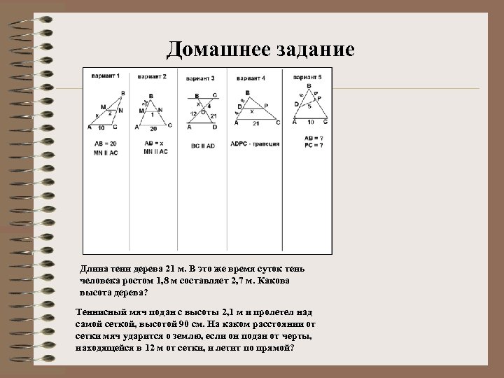 Домашнее задание Длина тени дерева 21 м. В это же время суток тень человека