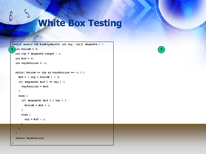 White Box Testing public static int binary. Search( int key, int[] sequence ) {