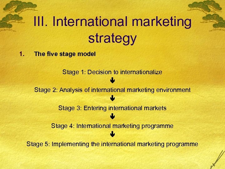 III. International marketing strategy 1. The five stage model Stage 1: Decision to internationalize