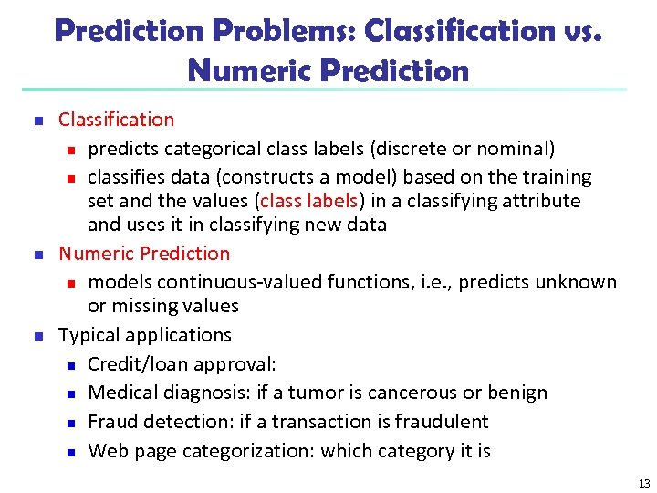 Prediction Problems: Classification vs. Numeric Prediction n Classification n predicts categorical class labels (discrete