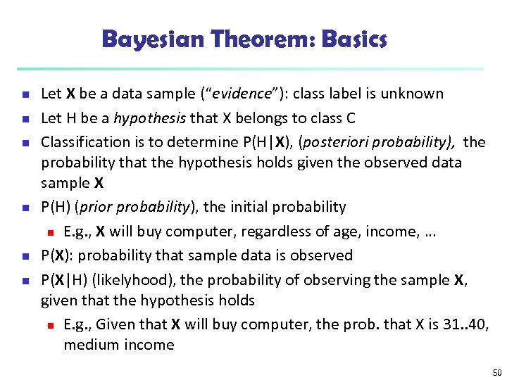 Bayesian Theorem: Basics n n n Let X be a data sample (“evidence”): class