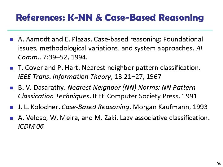 References: K-NN & Case-Based Reasoning n n n A. Aamodt and E. Plazas. Case-based