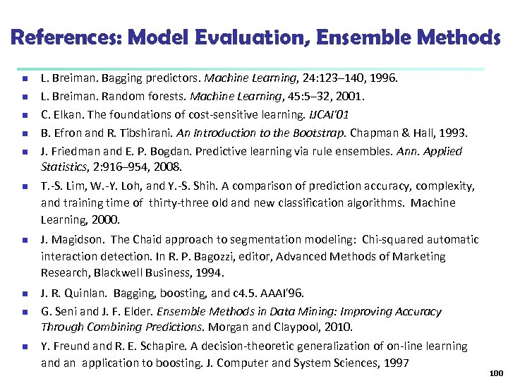 References: Model Evaluation, Ensemble Methods n n n n n L. Breiman. Bagging predictors.