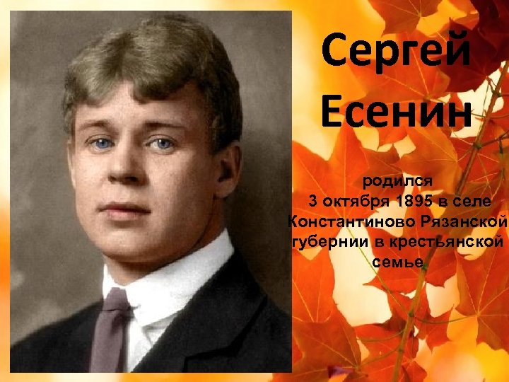 Сергей Есенин родился 3 октября 1895 в селе Константиново Рязанской губернии в крестьянской семье