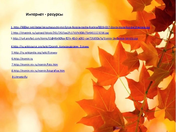 Интернет - ресурсы 1. http: //900 igr. net/datai/okruzhajuschij-mir/Urok-Rossija-nasha-Rodina/0019 -017 -Eto-ty-moja-Rus-derzhavnaja. jpg 2. http: //chastnik.