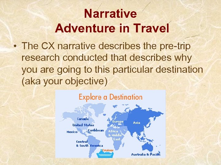 Narrative Adventure in Travel • The CX narrative describes the pre-trip research conducted that