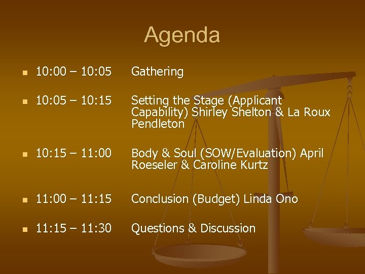 Agenda n 10: 00 – 10: 05 Gathering n 10: 05 – 10: 15