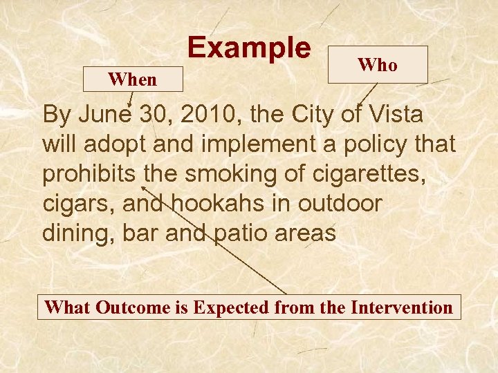 Example When Who By June 30, 2010, the City of Vista will adopt and