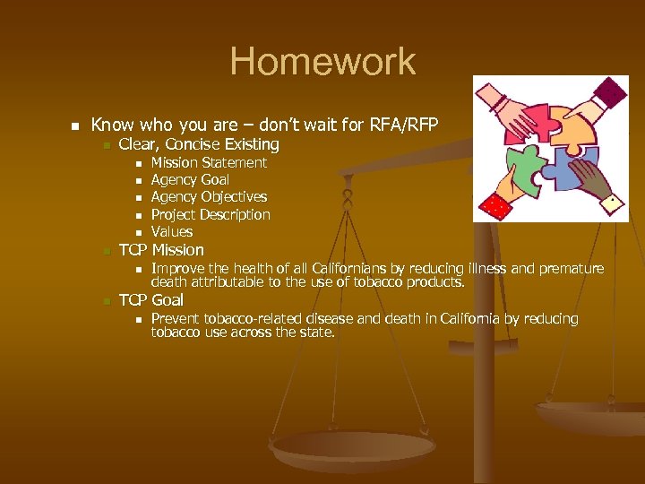 Homework n Know who you are – don’t wait for RFA/RFP n Clear, Concise