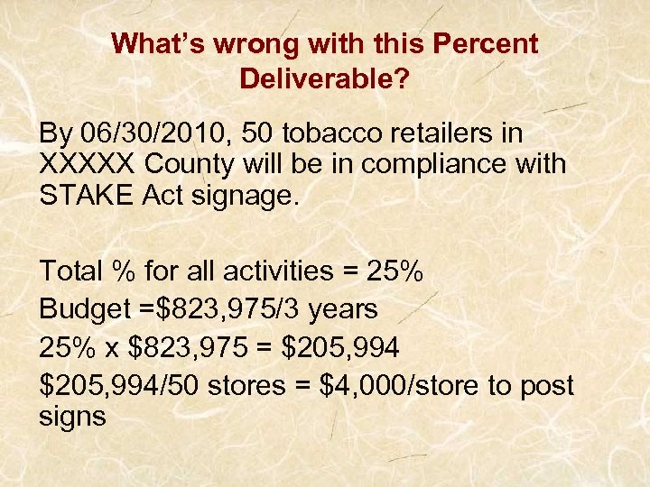 What’s wrong with this Percent Deliverable? By 06/30/2010, 50 tobacco retailers in XXXXX County