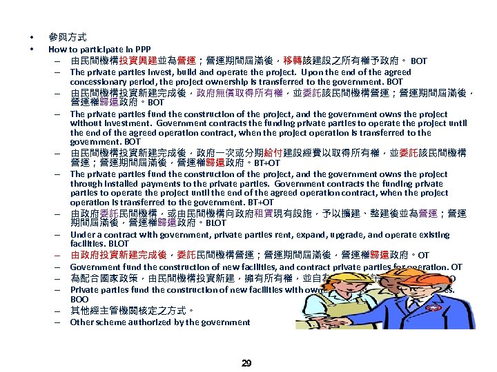  • • 參與方式 How to participate in PPP – 由民間機構投資興建並為營運；營運期間屆滿後，移轉該建設之所有權予政府。 BOT – The