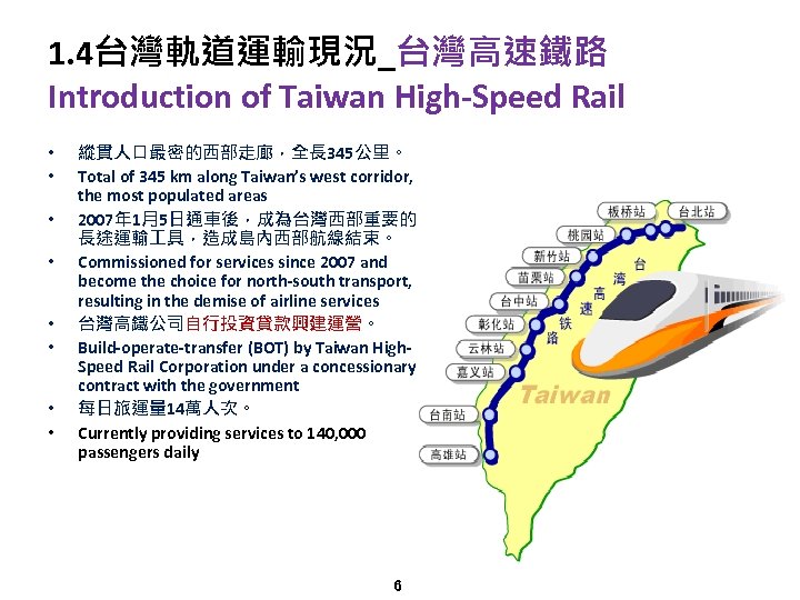 1. 4台灣軌道運輸現況_台灣高速鐵路 Introduction of Taiwan High-Speed Rail • • 縱貫人口最密的西部走廊，全長 345公里。 Total of 345