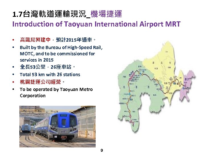 1. 7台灣軌道運輸現況_機場捷運 Introduction of Taoyuan International Airport MRT • • • 高鐵局興建中，預計2015年通車。 Built by