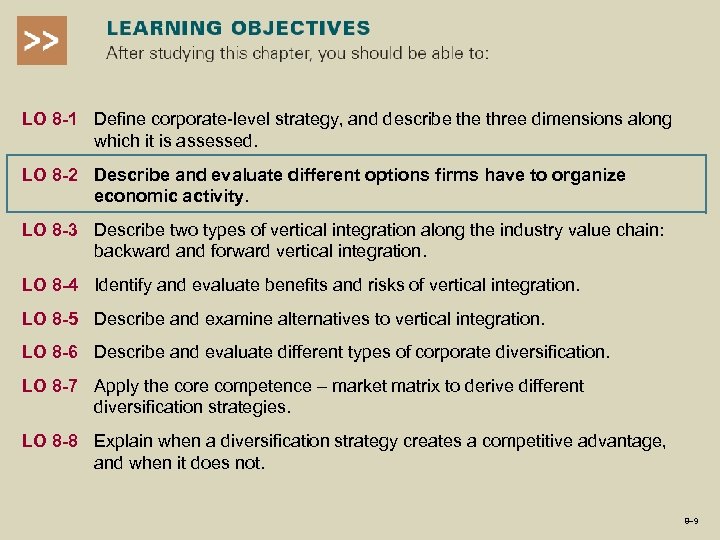 LO 8 -1 Define corporate-level strategy, and describe three dimensions along which it is