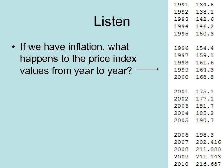 Listen • If we have inflation, what happens to the price index values from