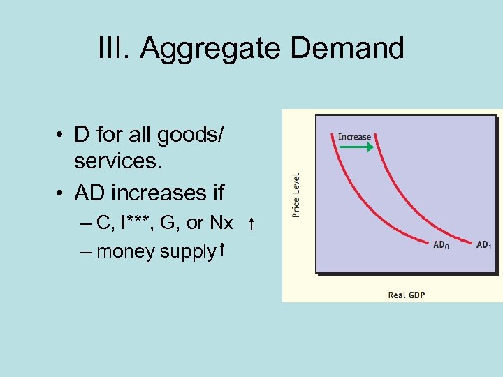 III. Aggregate Demand • D for all goods/ services. • AD increases if –
