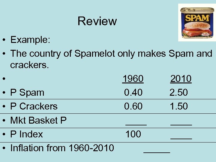 Review • Example: • The country of Spamelot only makes Spam and crackers. •