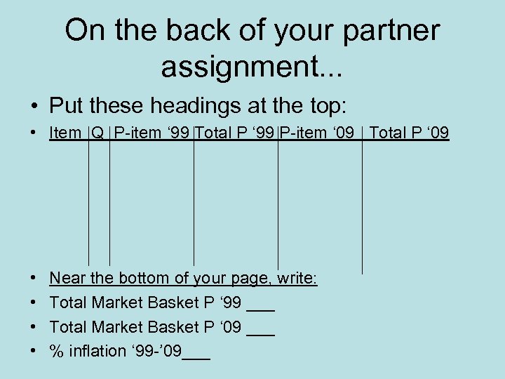On the back of your partner assignment. . . • Put these headings at