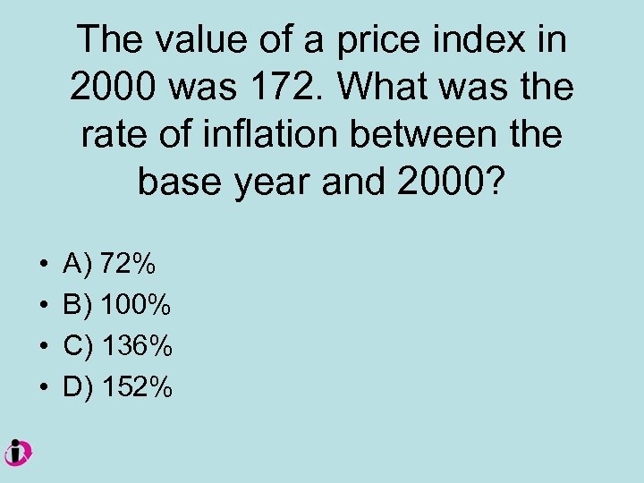The value of a price index in 2000 was 172. What was the rate