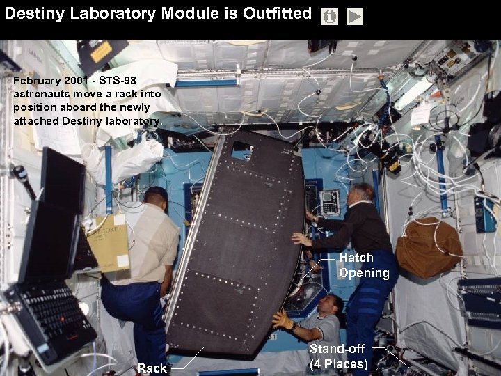 Destiny Laboratory Module is Outfitted February 2001 - STS-98 astronauts move a rack into