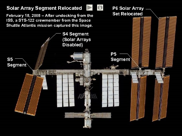 Solar Array Segment Relocated February 18, 2008 – After undocking from the ISS, a