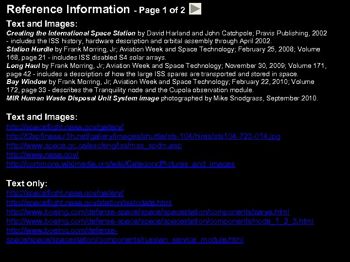 Reference Information - Page 1 of 2 Text and Images: Creating the International Space