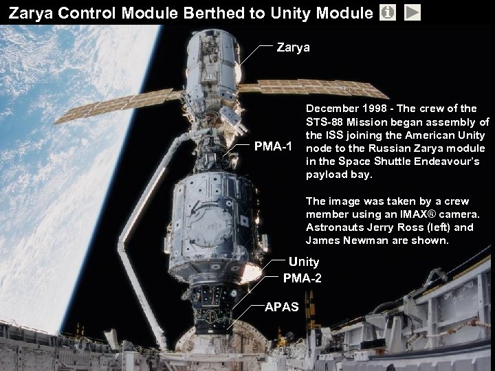 Zarya Control Module Berthed to Unity Module Zarya PMA-1 December 1998 - The crew