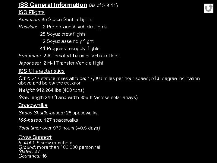 ISS General Information (as of 3 -9 -11) ISS Flights American: 35 Space Shuttle