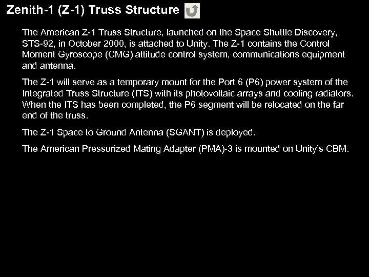 Zenith-1 (Z-1) Truss Structure The American Z-1 Truss Structure, launched on the Space Shuttle