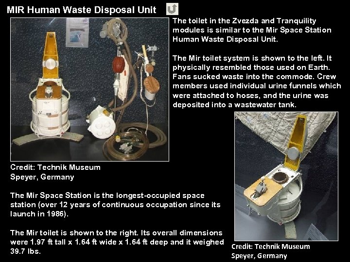 MIR Human Waste Disposal Unit The toilet in the Zvezda and Tranquility modules is