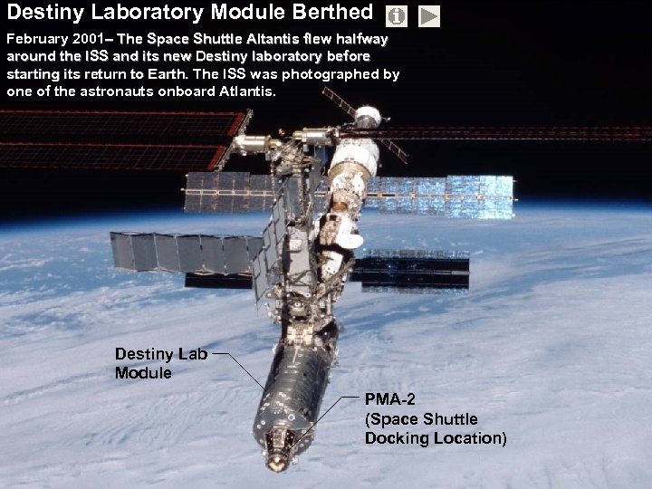 Destiny Laboratory Module Berthed February 2001– The Space Shuttle Altantis flew halfway around the