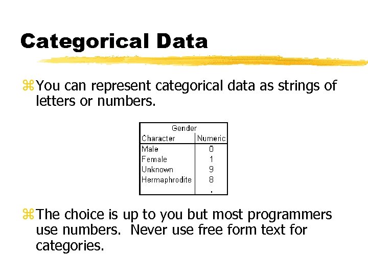 Categorical Data z You can represent categorical data as strings of letters or numbers.