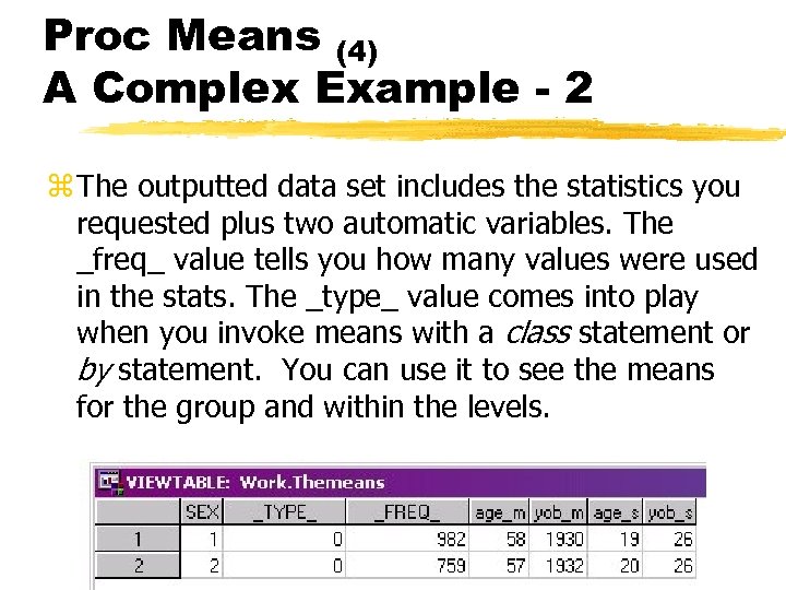 Proc Means (4) A Complex Example - 2 z The outputted data set includes
