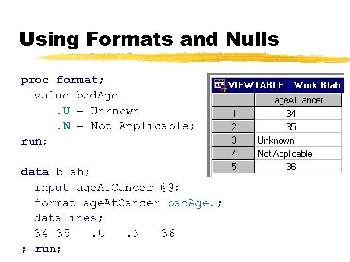 Using Formats and Nulls proc format; value bad. Age. U = Unknown. N =