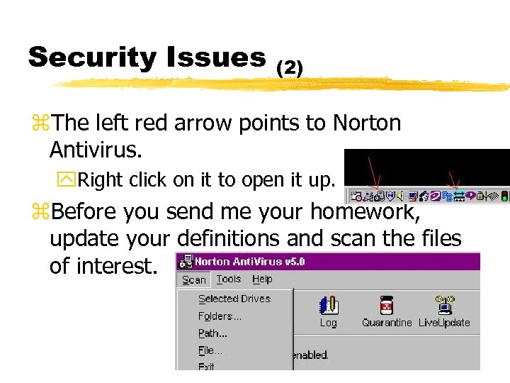 Security Issues (2) z. The left red arrow points to Norton Antivirus. y. Right