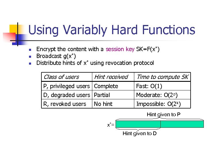 Using Variably Hard Functions n n n Encrypt the content with a session key