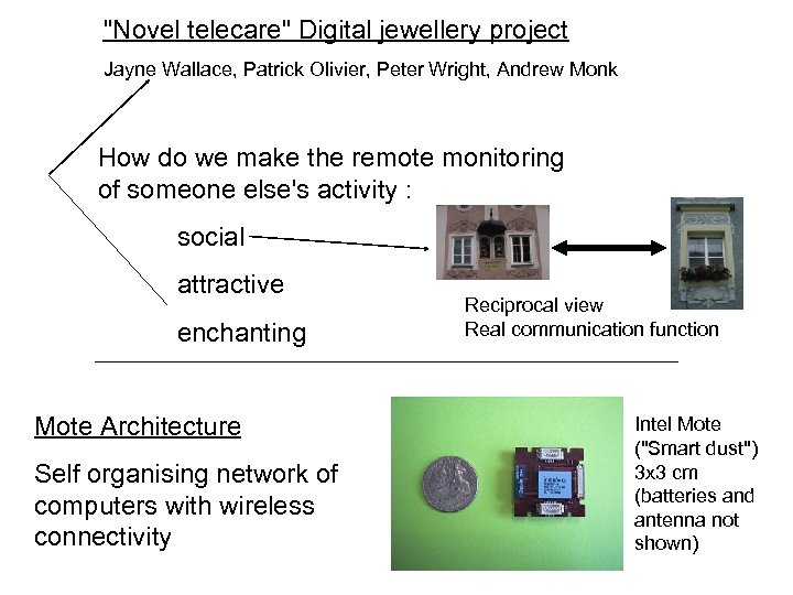 "Novel telecare" Digital jewellery project Jayne Wallace, Patrick Olivier, Peter Wright, Andrew Monk How