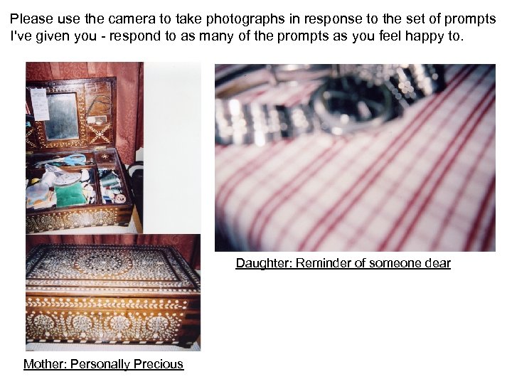 Please use the camera to take photographs in response to the set of prompts