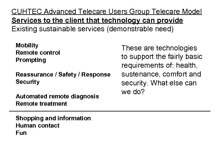 CUHTEC Advanced Telecare Users Group Telecare Model Services to the client that technology can