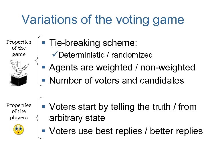 Variations of the voting game Properties of the game § Tie-breaking scheme: üDeterministic /