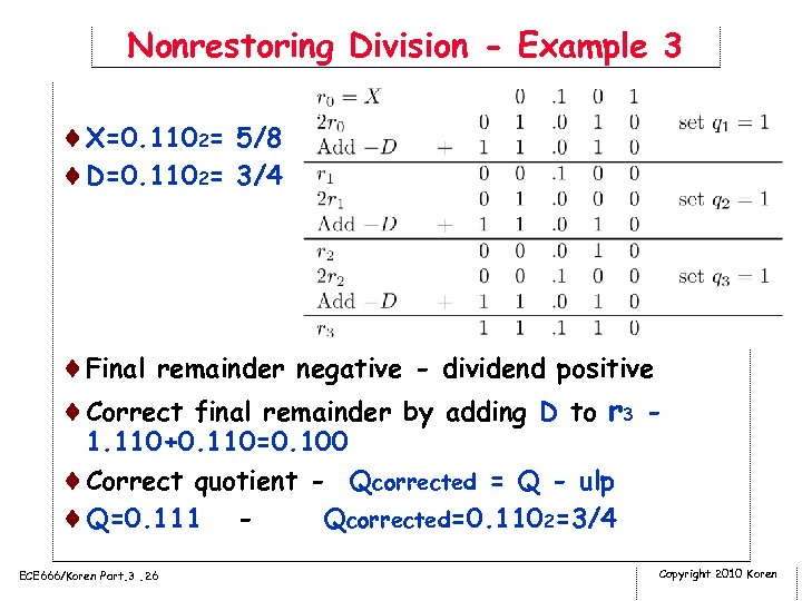 Nonrestoring Division - Example 3 ¨X=0. 1102= 5/8 ¨D=0. 1102= 3/4 ¨Final remainder negative