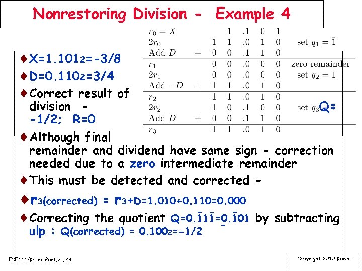 Nonrestoring Division - Example 4 ¨X=1. 1012=-3/8 ¨D=0. 1102=3/4 ¨Correct result of division Q=