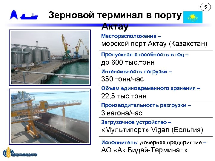 Зерновой терминал в порту Актау 5 Месторасположение – морской порт Актау (Казахстан) Пропускная способность